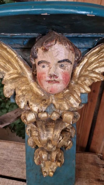 Antique 19th Century Decorative Church Console Table with Cherub Head in Wood, French Origin