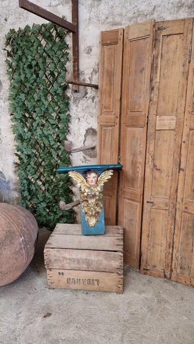 Antique 19th Century Decorative Church Console Table with Cherub Head in Wood, French Origin