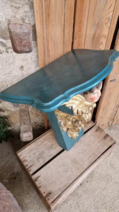 Antique 19th Century Decorative Church Console Table with Cherub Head in Wood, French Origin