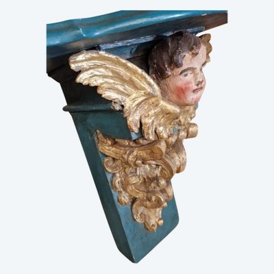 Antique 19th Century Decorative Church Console Table with Cherub Head in Wood, French Origin