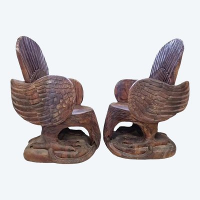 Paire De Fauteuils Aigle Américain En Bois Massif Sculpté