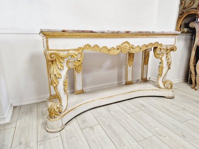 Immense Table Console Baroque Du 19ème Siècle Avec Plateau En Marbre