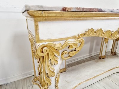 Immense Table Console Baroque Du 19ème Siècle Avec Plateau En Marbre