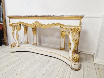 Immense Table Console Baroque Du 19ème Siècle Avec Plateau En Marbre