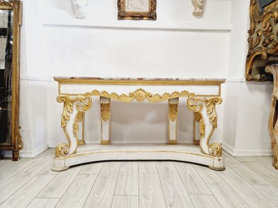 Immense Table Console Baroque Du 19ème Siècle Avec Plateau En Marbre