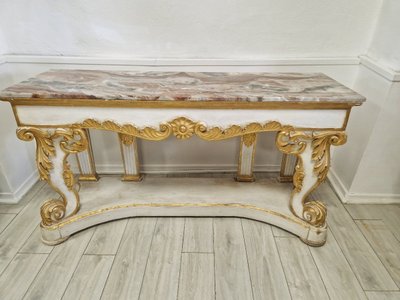 Immense Table Console Baroque Du 19ème Siècle Avec Plateau En Marbre