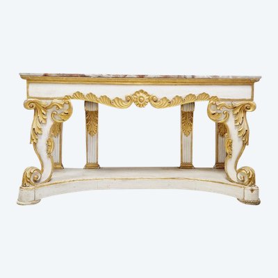 Immense Table Console Baroque Du 19ème Siècle Avec Plateau En Marbre