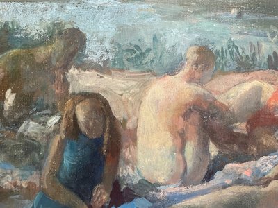 Peinture huile sur toile XXem, baigneuses au bord de la rivière, artiste  femme  Bernadette Kelly