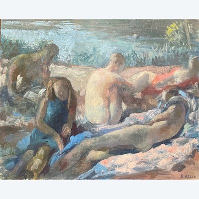 Peinture huile sur toile XXem, baigneuses au bord de la rivière, artiste  femme  Bernadette Kelly