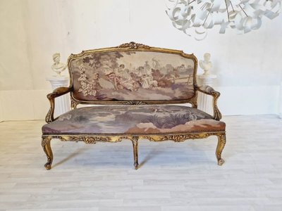 Ensemble De Salon Antique Louis XV Aubusson, Canapé Et Chaises Français