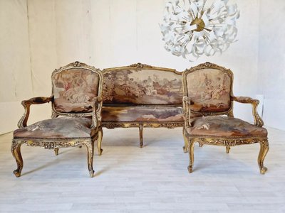 Antique Louis XV Aubusson Living Room Set, French Sofa and Chairs