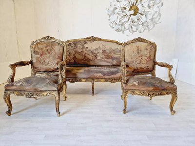 Antikes Louis XV Aubusson Wohnzimmerset, französisches Sofa und Stühle