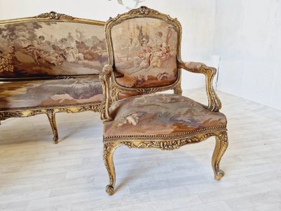 Ensemble De Salon Antique Louis XV Aubusson, Canapé Et Chaises Français