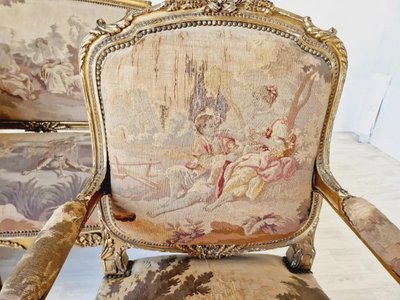 Antikes Louis XV Aubusson Wohnzimmerset, französisches Sofa und Stühle