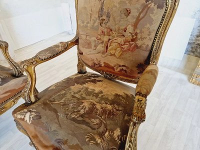 Ensemble De Salon Antique Louis XV Aubusson, Canapé Et Chaises Français