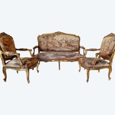 Antikes Louis XV Aubusson Wohnzimmerset, französisches Sofa und Stühle