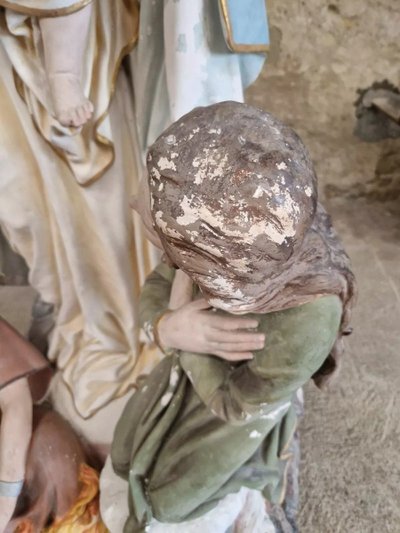 Antike lebensgroße religiöse Statue Unserer Lieben Frau vom Fegefeuer mit Stempel