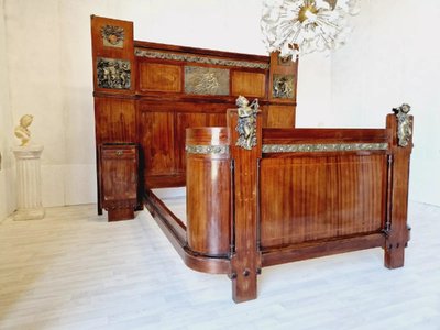 Antique Art Deco Bed With Side Cabinets & Bronze Putti