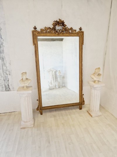 Large Antique Louis XVI Style Gilded Wood Mirror, France