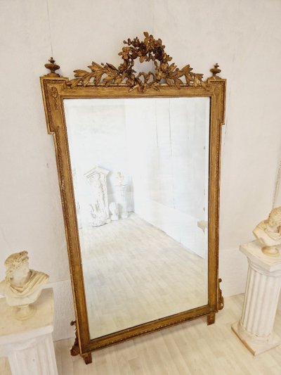 Large Antique Louis XVI Style Gilded Wood Mirror, France