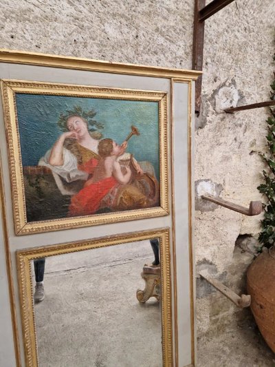 Antique French Oil Painting Mirror 19th Century Louis XVI Style Trumeau