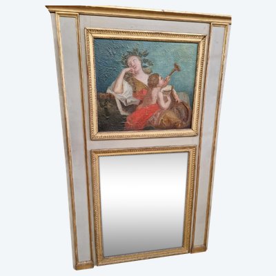 Miroir Ancien Français Peinture à l'Huile 19ème Siècle Trumeau Style Louis XVI