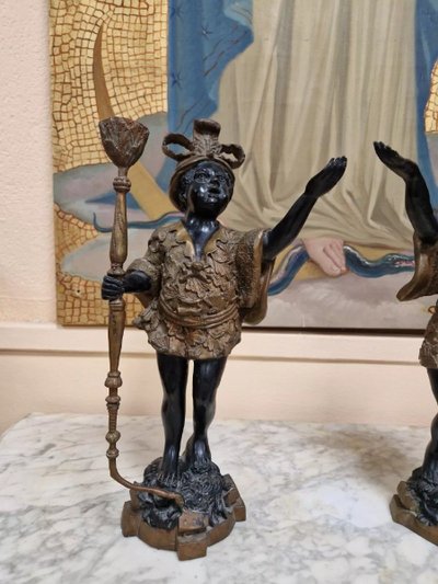 Pair of Antique Moorish Bronze Candlestick Statues