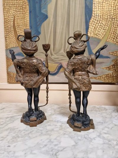 Pair of Antique Moorish Bronze Candlestick Statues