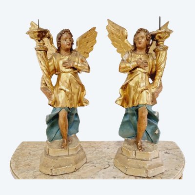 Paire De Porte-torches Anges Antiques Du 18ème Siècle