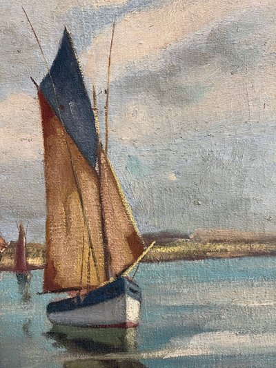 HST Marine painting "Sailboats in port" early XX° century signed