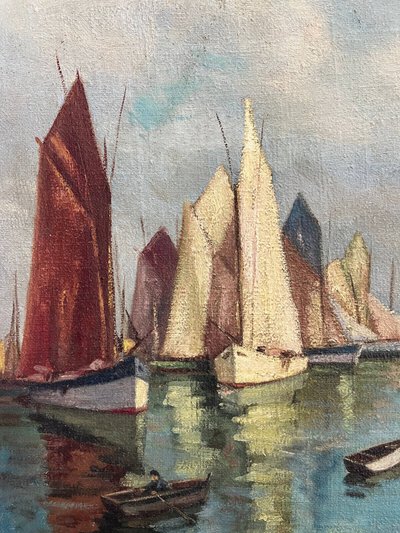 HST Marine painting "Sailboats in port" early XX° century signed