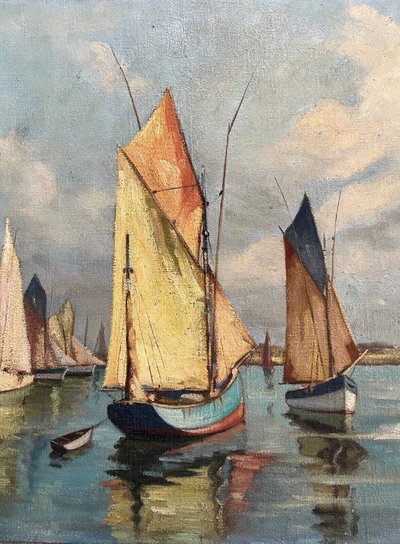 HST Marine painting "Sailboats in port" early XX° century signed