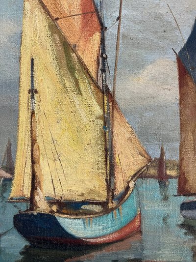 HST Marine painting "Sailboats in port" early XX° century signed