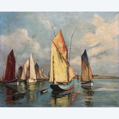 HST Marine painting "Sailboats in port" early XX° century signed