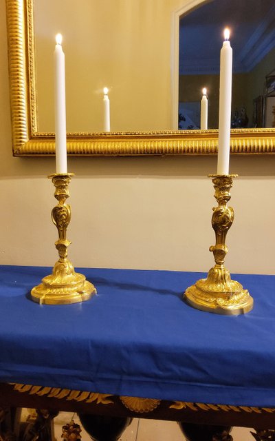 Pair of Flambeaux in gilded chiselled bronzes Rocaille d'aprés Meissonnier 19th century