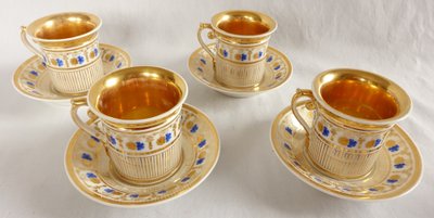 Komplettes Kaffeeservice für 8 Personen, gold- und blaufarbenes Porzellan, Empire-Restaurationszeit - 11 Teile