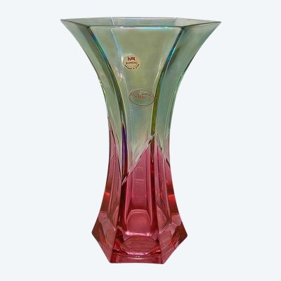 Vase vert et rose en cristal de Nery, fabriqué à la main, datant des années 1970. Fabriqué en Italie