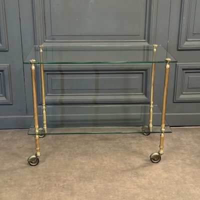 1960er Rollbar mit zwei Tabletts aus Glas und vergoldetem Messing