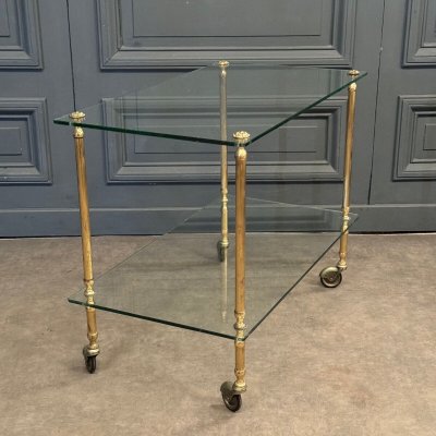 1960er Rollbar mit zwei Tabletts aus Glas und vergoldetem Messing