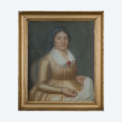 Pastell auf Leinwand, Porträt einer Frau, die auf einem Sessel sitzt, Anfang des 19. Jahrhunderts