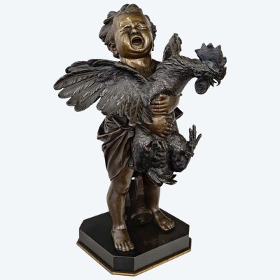 Sculpture - The Child With The Rooster , Adriano Cecioni (1838-1886) - Bronze