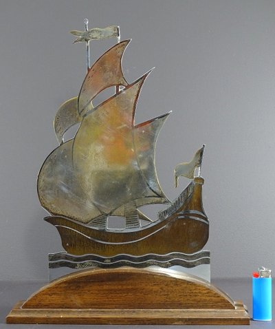 Alain Gerfaux, 1930s, Sailboat in Silver-Plated Copperware on a Wooden Base.