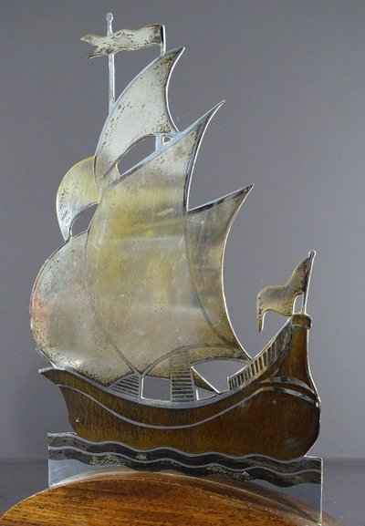 Alain Gerfaux, 1930s, Sailboat in Silver-Plated Copperware on a Wooden Base.