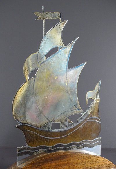 Alain Gerfaux, 1930s, Sailboat in Silver-Plated Copperware on a Wooden Base.