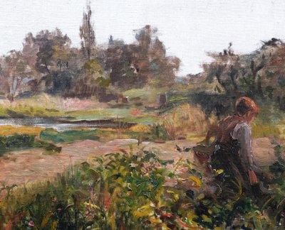 Alfred Louis MARTIN, Giovane ragazzo con falce in un paesaggio di campagna