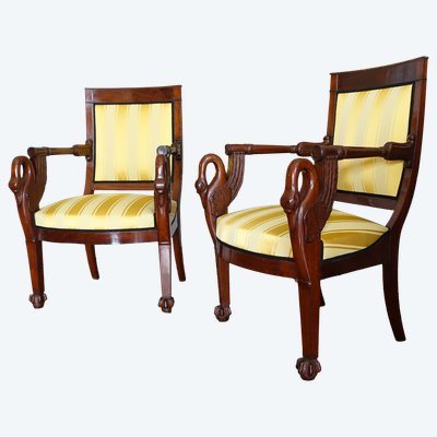 Pair of Empire mahogany armchairs, swan model - attributed to Bellangé