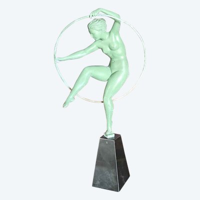 Derenne Sculpture Art Déco Danseuse Au Cerceau