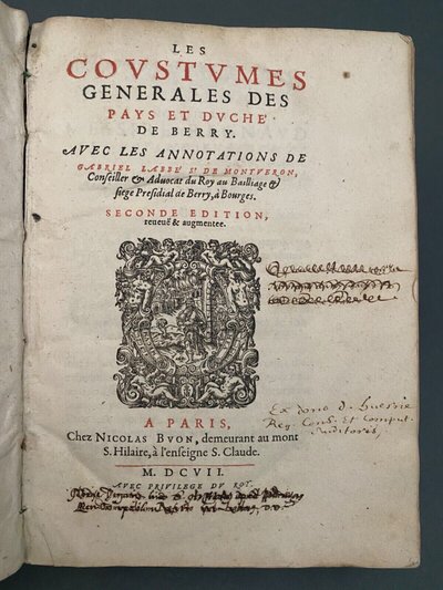 Book Customs of the Countries and Duchy of Berry Gabriel Labbé de Montueron 1607