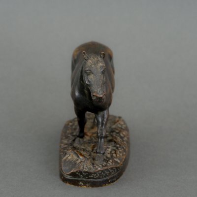 Cheval de trait en bronze miniature XIXe Patine brun foncé