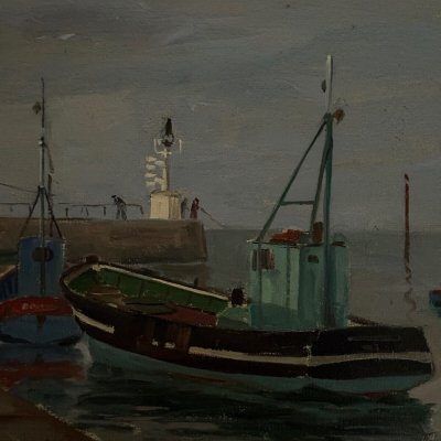 Huile sur carton XXe par Florent Sichet chalutiers bateaux de pêche